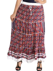 Exotic India Pure Cotton Dark-Blue and Red Floral Printed Long Skirt with Ribbons