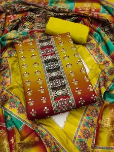 KALINI Yellow France Silk Digital Print Mirror & Diamond Work Unstitched Dress Material