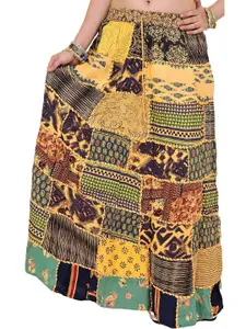 Exotic India Women Long Printed Dori Skirt from Gujarat with Patch Work