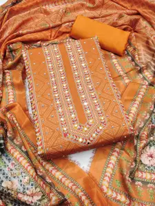 KALINI Orange France Silk Digital Print Mirror & Diamond Work Unstitched Dress Material