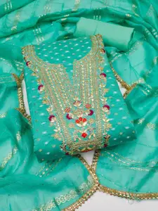 KALINI Teal Chanderi Butti Silk Embroiderd & Coding Work Unstitched Dress Material