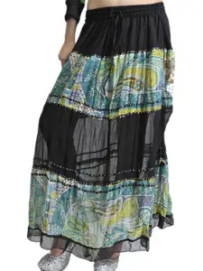 Exotic India Women Black Skirt with Embroidered Sequins and Printed Paisleys Skirts
