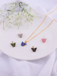 DressBerry Set Of 5 Gold-Plated Sparkling Butterfly Pendants With Chain