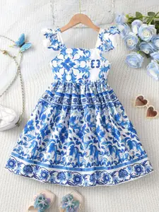 INCLUD Girls Floral Printed Square Neck Fit & Flare Midi Dress