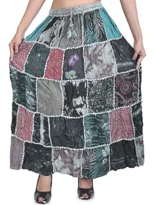 Exotic India Women Long Printed Dori Skirt from Gujarat with Patch Work