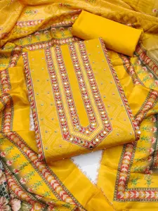 KALINI Mustard France Silk Digital Print Mirror & Diamond Work Unstitched Dress Material