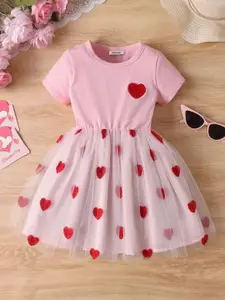 INCLUD Girl's Conversational Embroidered Round Neck Fit & Flare Above Knee Dress