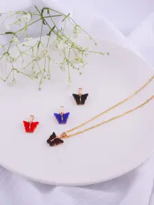 DressBerry Set Of 4 Gold-Plated Sparkling Butterfly Pendants With Chain