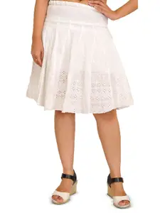 Exotic India Egret-White Chikan Embroidery Pleated Short Skirt