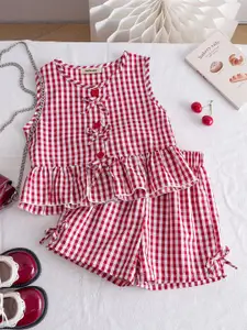 INCLUD Girls Checked Sleeveless Peplum Top With Shorts