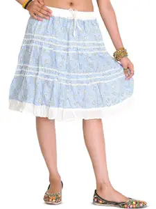 Exotic India Powder-Blue & White Short Skirt With Printed Flowers & Lace