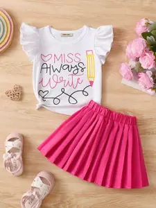 INCLUD Girls Printed Flutter Sleeves Top With Skirt