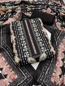 KALINI Black France Silk Digital Print Mirror & Diamond Work Unstitched Dress Material