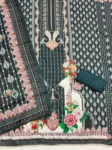 KALINI Green France Silk Digital Print Mirror & Diamond Work Unstitched Dress Material