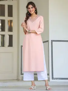 Janasya Women's Peach Linen Cotton Yoke Embroidered Straight Kurta