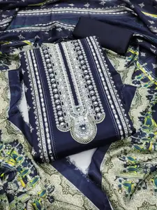 KALINI Navy Blue France Silk Digital Print Mirror & Diamond Work Unstitched Dress Material