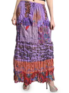 Exotic India Lavender Crushed Elastic Skirt With Batik Print