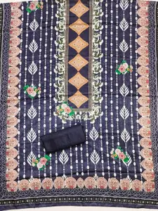 KALINI Navy Blue France Silk Digital Print Mirror & Diamond Work Unstitched Dress Material