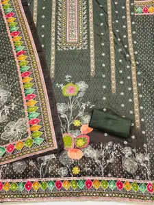 KALINI Olive France Silk Digital Print Mirror & Diamond Work Unstitched Dress Material