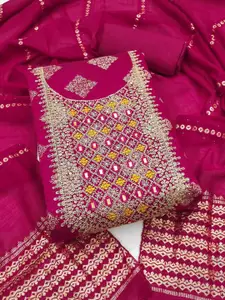 KALINI Pink Chanderi Silk Embroiderd Coding Work Unstitched Dress Material