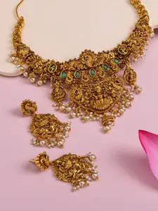 Kushal's Fashion Jewellery Ruby-Green Gold-Plated Ethnic Antique Necklace