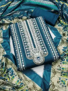 KALINI Teal France Silk Digital Print Mirror & Diamond Work Unstitched Dress Material