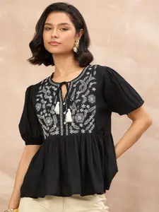 all about you Women Floral Embroidered Tie-Up Neck Ethnic Peplum Top