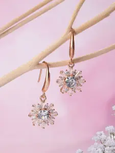 Jazz and Sizzle Rose Gold-Plated American Diamond Studded Floral Shaped Drop Earrings