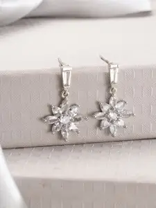 Jazz and Sizzle Silver-Plated American Diamond Studded Floral Shaped Drop Earrings