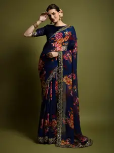 Mitera Floral Printed Sequinned Embellished Pure Georgette Saree