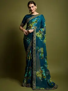 Mitera Floral Printed Sequinned Pure Georgette Fusion Saree