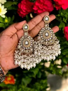 Anouk Gold-Plated Artificial Stones Studded And Beaded Contemporary Drop Earrings