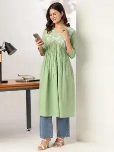 Janasya Women Light Green Pure Cotton Yoke Embroidered A-line Kurta