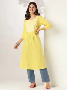 Janasya Women Yellow Pure Cotton Yoke Embroidered A-line Kurta