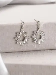 Jazz and Sizzle Rhodium-Plated Crytals Studded Floral Shaped Drop Earrings
