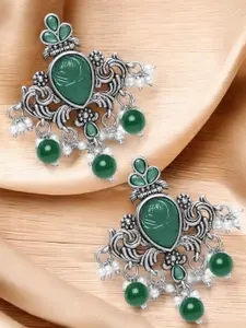 Sangria Oxidised Stone Studded With Beaded Ethnic Drop Earrings
