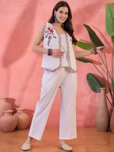 Sangria Floral Thread Embroidered Pure Cotton Top & Trousers With Shrug Co-Ord Set