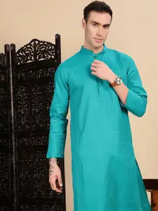 House of Pataudi Textured Mandarin Collar Cotton Straight Kurta
