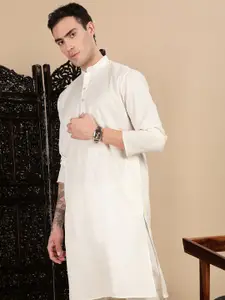 House of Pataudi Textured Mandarin Collar Cotton Straight Kurta