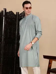 House of Pataudi Textured Mandarin Collar Cotton Straight Kurta