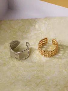 NiskaSet Of 2 Gold-Plated Intricate Textured Details-Studded Adjustable Finger Ring