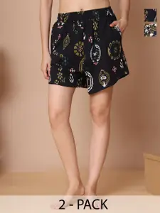 TAG 7 Women Pack of 2 Printed Mid-Rise Cotton Lounge Shorts