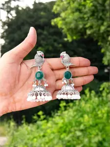 Anouk Silver-Plated Artificial Stones Studded And Beaded Contemporary Jhumkas