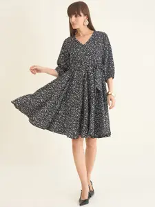 aayu Women Floral Print Puff Sleeve Crepe Fit & Flare Dress