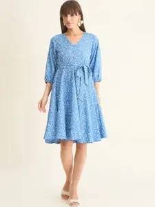 aayu Women Printed Puff Sleeve Crepe Fit & Flare Dress