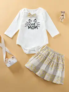 YK Girls Floral Printed Bodysuit & Layered Skirt Clothing Set