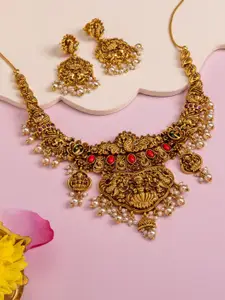 Kushal's Fashion Jewellery Ruby-Green Gold-Plated Ethnic Antique Necklace