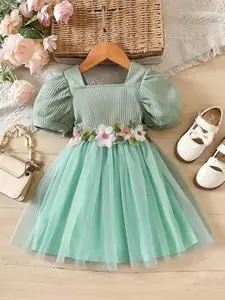 MAYARA FASHION Girls Self Design Embroidered Square Neck Fit & Flare Dress