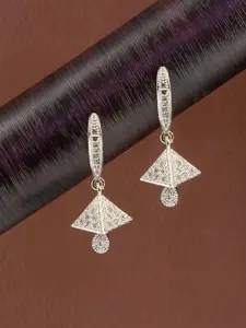 PRIVIU Silver-Plated American Diamond Studded Triangular Drop Earrings