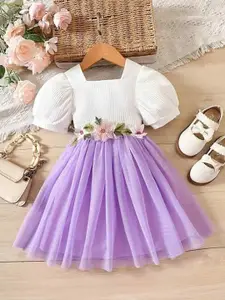 MAYARA FASHION Girl Floral Applique Puff Sleeve Tulle Gown Dress